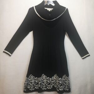 Black Dress Size 1X Sweater Knit Long Sleeve White Rose Border Removable Collar